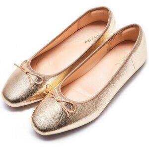 Women's Gold Polyurethane Closed Round Toe Comfortable Bow Ballet Flats Shoes